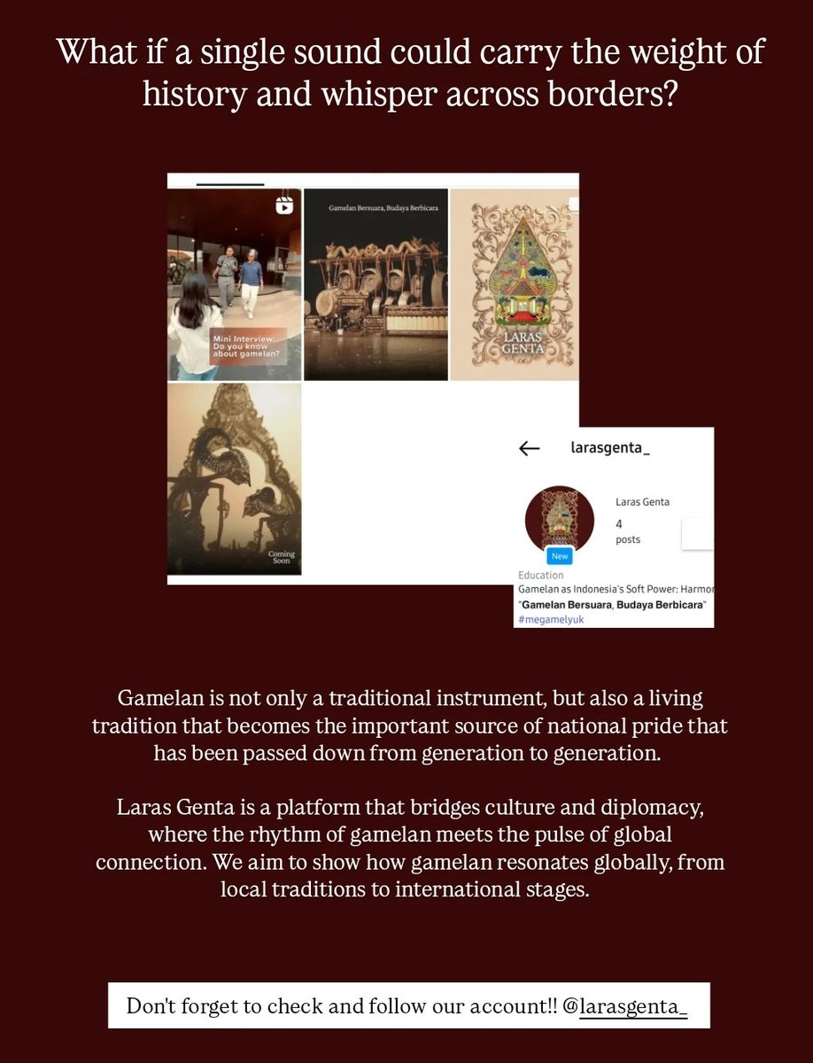 vanillattiee's tweet photo. hi! if you guys are interested about gamelan, traditions, international relations, and diplomacy, then you've found the right post. Laras Genta (@.larasgenta_) is a platform that explains about gamelan and it's role as Indonesia's soft power. so please follow our acc!! 🙌🏻 https://t.co/DACuwjQHNy