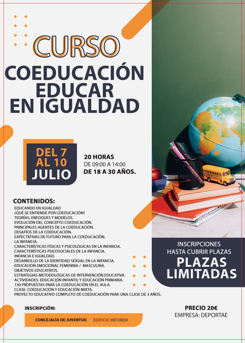 📷💡¿Te interesa la educación en valores y la igualdad?

🔜Te presentamos el curso: "Coeducación, educar en igualdad", una formación clave para aprender a educar desde el respeto, la equidad y la inclusión.

📍Inscripción en la Concejalía de Juventud (Edificio Inforem)