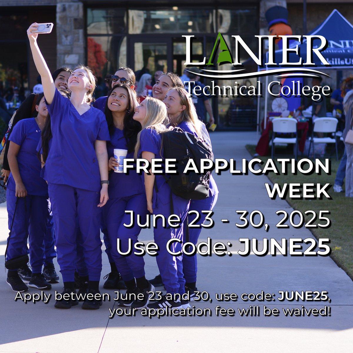 Have you or someone you know thought about going to college? NOW is the perfect time to start. June 23-June 30, 2025, is FREE Application Week at Lanier Tech. Apply to the college, use code "JUNE25" and your fee will be waived.

Apply today:
laniertech.edu/admissions/