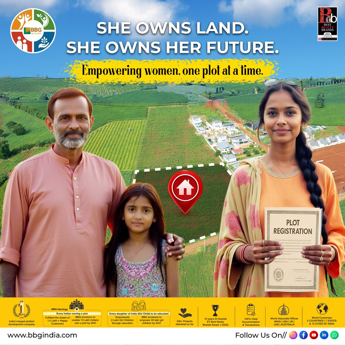 bbgindia's tweet photo. She owns land. She owns her future.β
BBG has empowered 1.5+ lakh women through secure land ownership across 100+ gated projects.
Be a part of the change.
π https://t.co/buQDjeEHf5
.
.
.
#LandInHerName #BBGIndia #WomenEmpowerment #PlotPower #BBGForHer #hyderabadnews https://t.co/oLFs3JF7AF