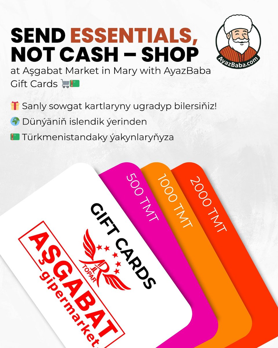 ayazbabacom's tweet photo. Support your loved ones in Mary, Turkmenistan with a practical and heartfelt gift they can use right away — an Aşgabat Market gift card via AyazBaba! 🌍💳

Whether they need groceries.
.
#AyazBaba #SupportTurkmenistan #GiftNotCash #SendLoveBackHome #AshgabatMarket https://t.co/DRIdJWkrS8