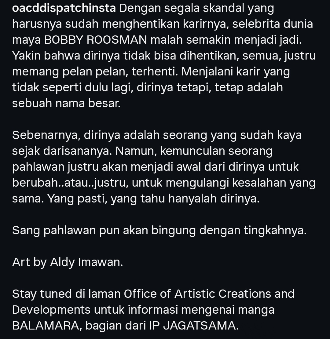 OACDDispatchX's tweet photo. Dengan segala skandalnya yang seharusnya sudah membuatnya berhenti dari kariernya, selebritas Bobby Roosman malah semakin menjadi.

Sang Pahlawan pun akan bingung dengan segala tingkahnya
 
Art by Aldi Imawan
Stay tuned pada komik BALAMARA dari JAGATSAMA. https://t.co/4WjHwx2rmV