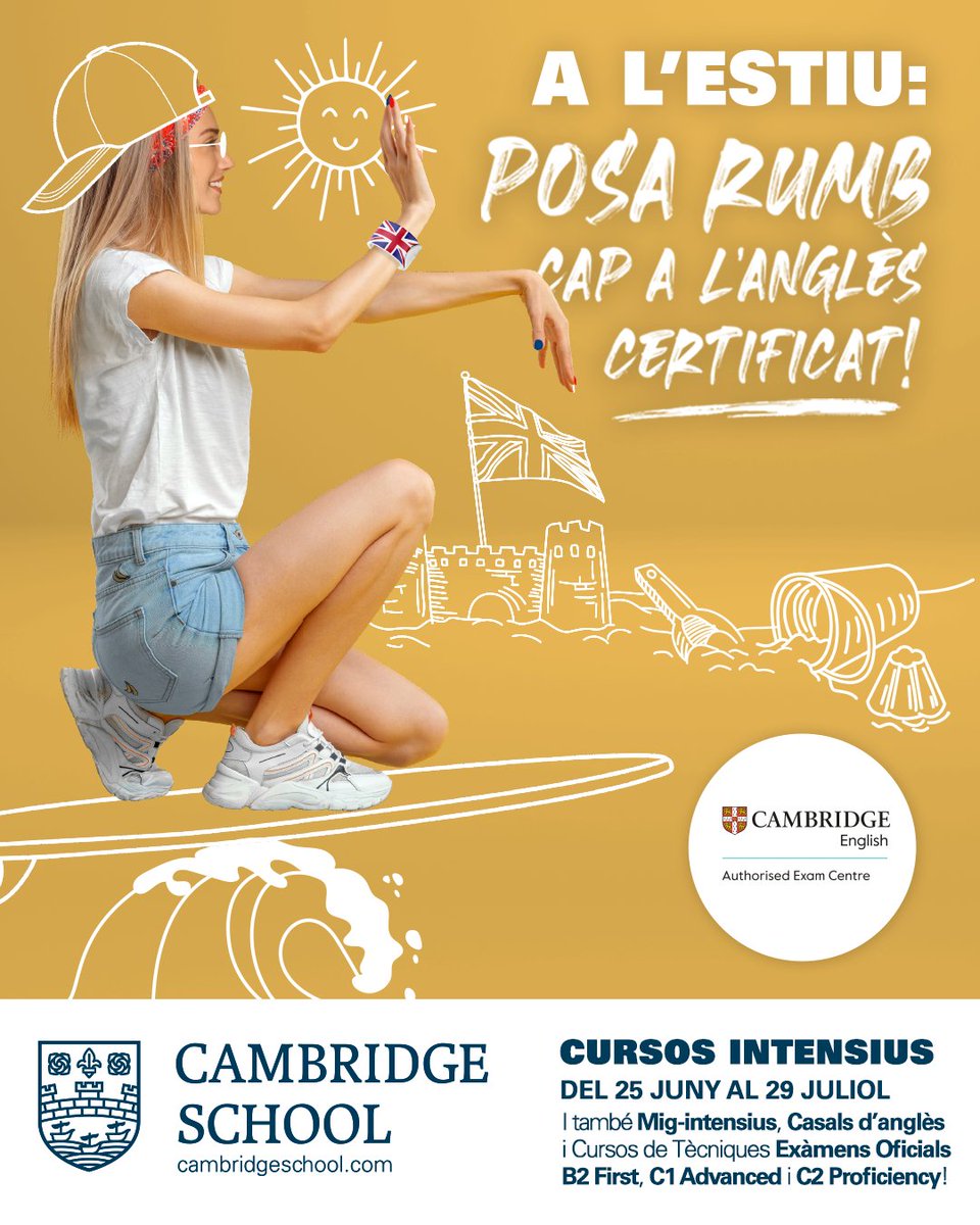 A l’estiu, L’ANGLÈS CERTIFICAT!
😀🇬🇧🔝

Aprofita el JUNY – JULIOL per sumar nivell al teu anglès i avança ràpidament cap als teus objectius. 

MÉS INFO a 👉👉👉cambridgeschool.com/ca/oferta-d-es…

#CambridgeSchoolOfficial