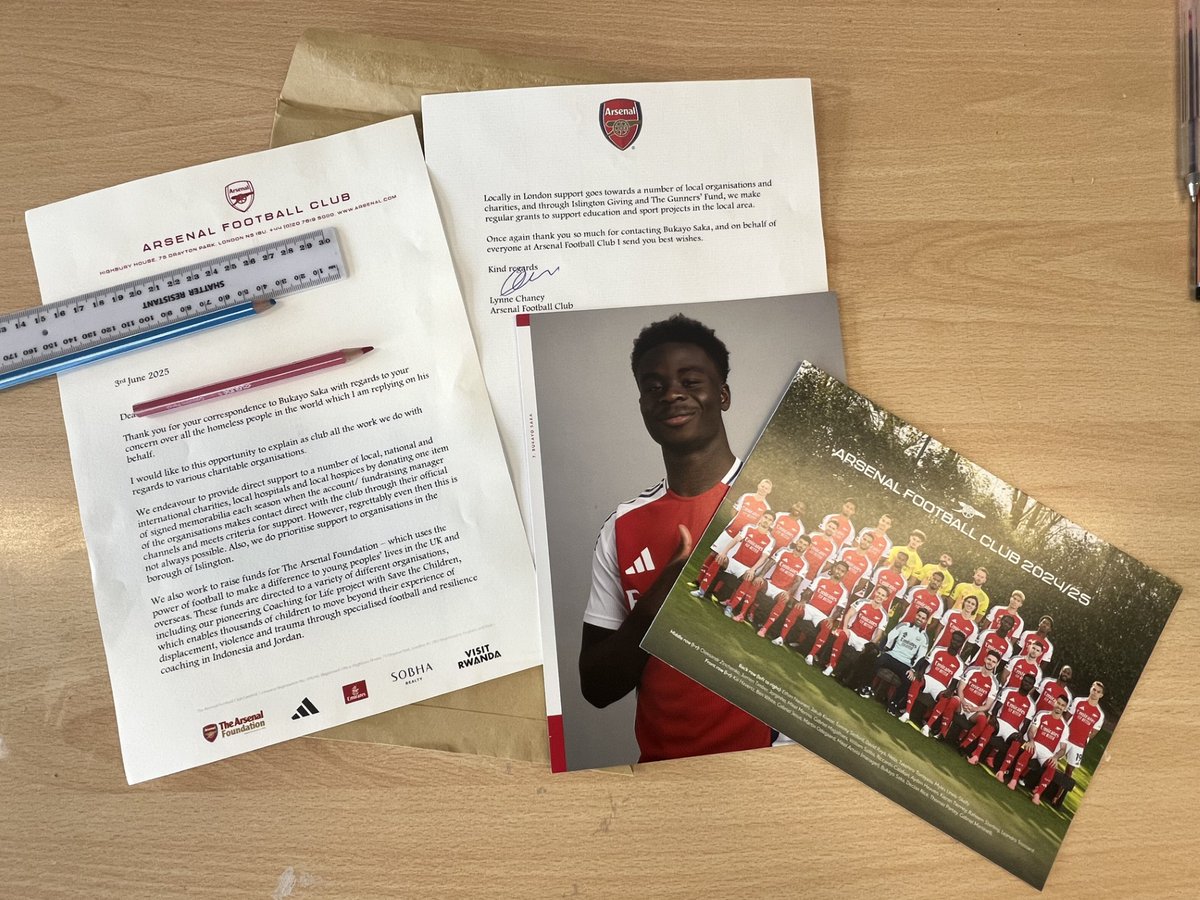 Last half term, the children in Year 5 wrote some persuasive letters about topics that they felt passionate about. One student chose to write to Arsenal Football Club about homelessness and what they could do to help. Today we received a reply in the post!  <a href="/BukayoSaka87/">Bukayo Saka</a> <a href="/Arsenal/">Arsenal</a>