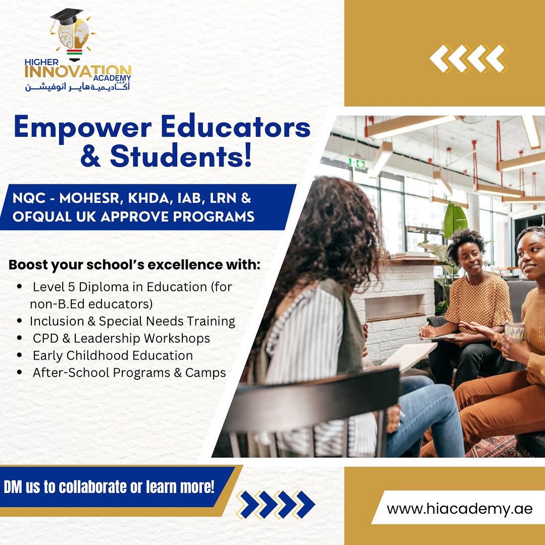 hiacademyae's tweet photo. Boost your school's success with UK &amp; UAE-approved programs by
#Higher_Innovation_Academy
Academy 🎓
✔ CPD
✔ Leadership✔ Special Needs
✔ Early Education
✔ Afterschool Camps

https://t.co/1PaBSJoorP

#EducationUAE #KHDA #TeacherTraining #CPD #SkillDevelopment https://t.co/vIOcXLS5ID