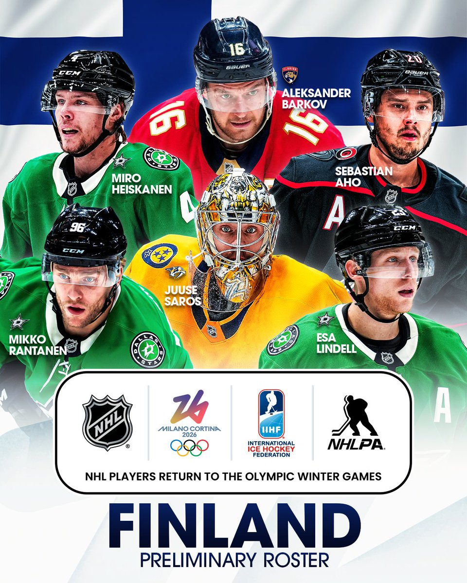 NHL's tweet photo. Earlier this morning, Finland selected its preliminary six players for the #MilanoCortina #Olympics! https://t.co/sM2G6441Fa