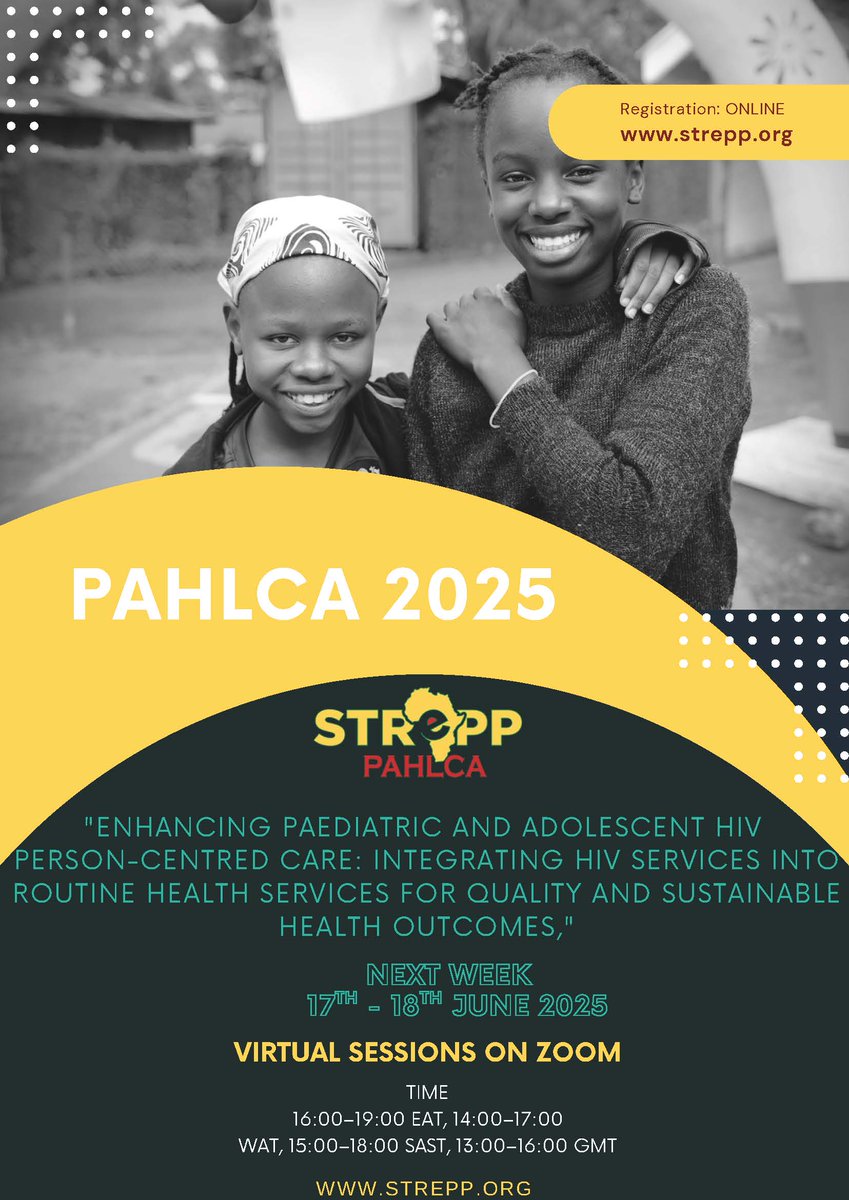Join us for PAHLCA 2025 taking place 🗓️ 17–18 June | ⏰ 15:00–18:00 SAST, under the theme “Enhancing Person-Centred HIV Care: Integrating Services for Quality, Sustainable Outcomes - advancing paediatric &amp; adolescent HIV care across Africa.
Register now: strepp.org/pahlca-2025-re…