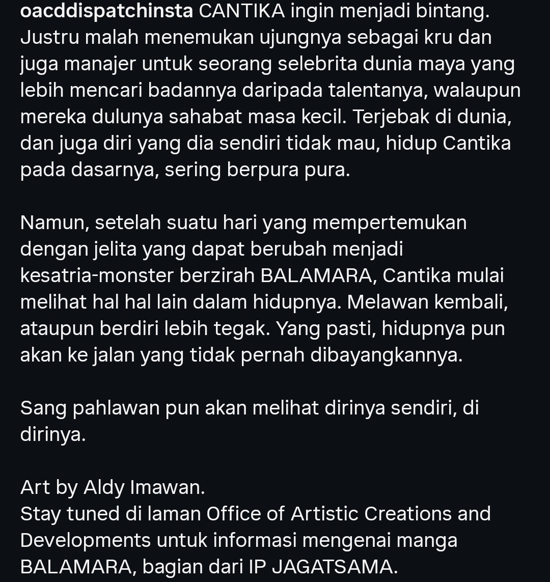 OACDDispatchX's tweet photo. Ia ingin menjadi bintang. Cantika justru menemukan dirinya sebagai kru dan manajer dari selebrita dunia maya. Terjebak kehidupan dan sering berpura-pura.

Sang Pahlawan pun akan melihat dirinya sendiri, di dirinya
 
Art by Aldi Imawan
Stay tuned pada komik BALAMARA dari JAGATSAMA https://t.co/0mBUs1OSM9