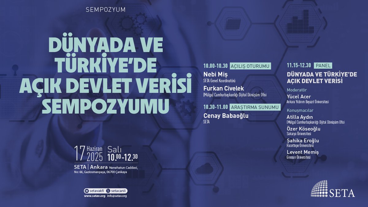 🔔 Yarın TSİ 🕙 10:00'da, 📍 SETA Ankara'da ❗
 
📢 Dünyada ve Türkiye’de Açık Devlet Verisi Sempozyumu
 
📋 Program akışı:
 🎖 Açılış Oturumu | 10:00 - 10:30 🔻
 
👥 Konuşmacılar:

◽ Nebi Miş, SETA Genel Koordinatörü
◽ Furkan Civelek, (Mülga) Cumhurbaşkanlığı Dijital Dönüşüm