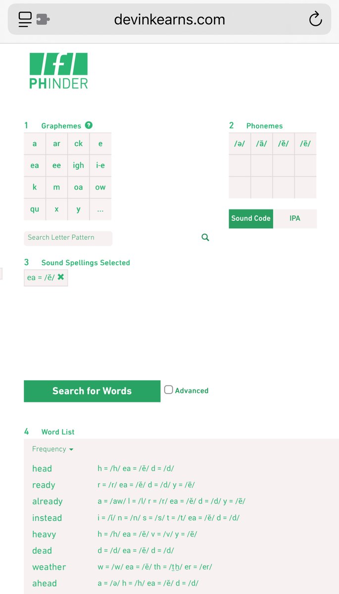 📚 PHinder is a free tool from Dr. Devin Kearns that helps you find phonics patterns based on their frequency in real words. 

🔍 Just type in a pattern or sound and PHinder will do the rest. (You’ll love how nerdy-cool it is. We did!)

 👉 Try it out: devinkearns.com/phinder/