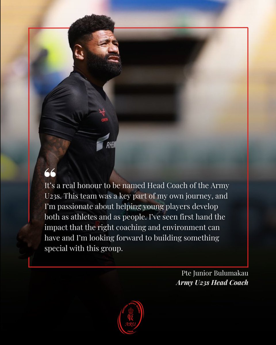 We are proud to announce the appointment of Pte Junior Bulumakau (3 SCOTS) as Head Coach of the Army U23s. 

Junior brings with him a wealth of experience both on and off the field, and a deep understanding of the player development pathway. 

Read more; armyrugbyunion.org.uk/army-rugby-uni…