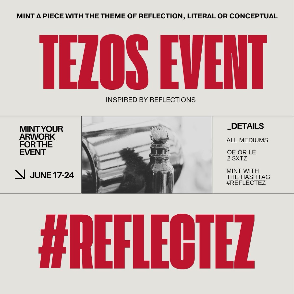 Gm all! Just a day away &amp; art is starting to be minted on <a href="/objktcom/">objkt.com</a>  for #reflectez 🔥 

This post will remain 📌 during the event. 

🪞 Drop your reflectez art &amp; link below to make one long thread of available work. And SHARE to get the word out! Have fun everyone!

<a href="/NFTBiker/">NftBiker</a>