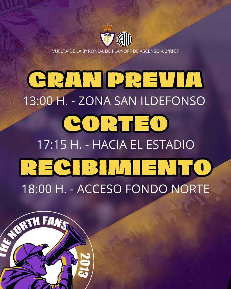 📣¡𝐂𝐎𝐍𝐕𝐎𝐂𝐀𝐌𝐎𝐒 𝐀 𝐓𝐎𝐃𝐀 𝐋𝐀 𝐂𝐈𝐔𝐃𝐀𝐃!

Desde The North Fans convocamos a toda  la afición a realizar la previa en  los bares de San Ildefonso.

Bajaremos al estadio en Corteo para  después  recibir al equipo en Fondo Norte.

¡A LAS BATALLAS HAY QUE VOLVER!🟣⚪️