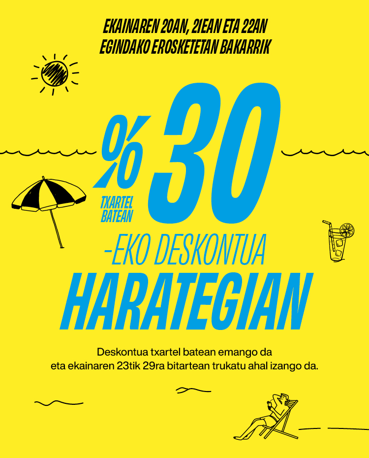 Uda honetan eskaintzarik freskoenak! 😎
% 30 harategian, ekainak 20, 21 eta 22 🥩🍗🍖
📅 Deskontua txartel batean emango da eta ekainaren 23tik 29ra bitartean trukatu ahal izango da.
🛒 Promozioa baliagarria da gure online dendan ere.
Informazio gehiago: tinyurl.com/27uqg53o