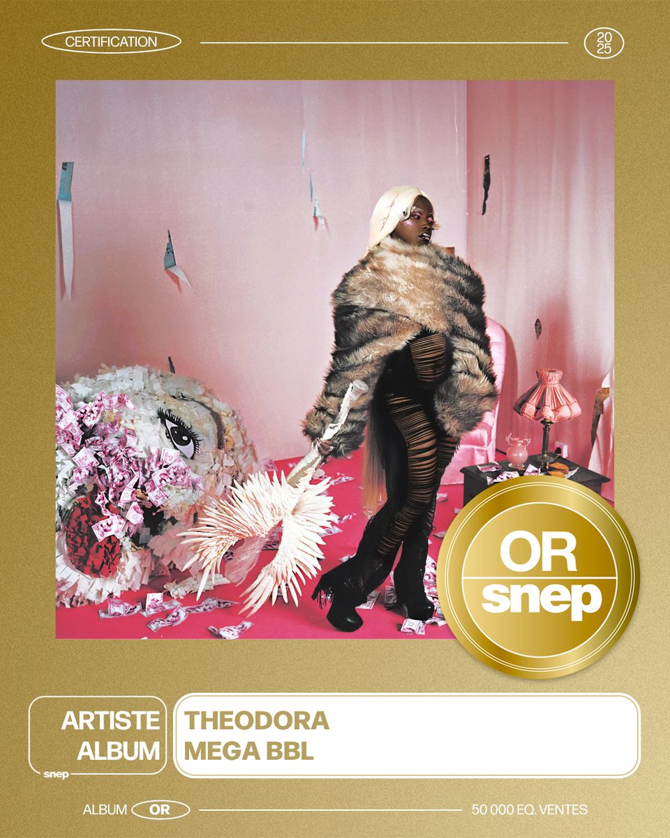 L'album « MEGA BBL » de Theodora est certifié Or ! 📀

50 000 équivalents ventes 📈

Bravo ! 👏