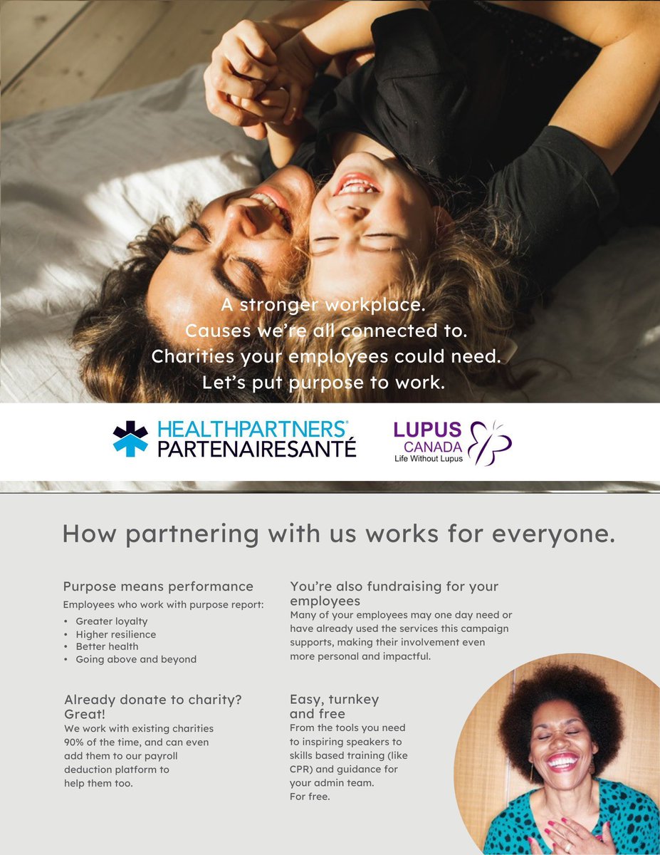 60% of Canadian employees live with a chronic illness.
70% say they find purpose through their work.

Lupus Canada and Health Partners are helping employers support their teams through workplace giving campaigns.

Contact us at info@lupuscanada.org to learn more