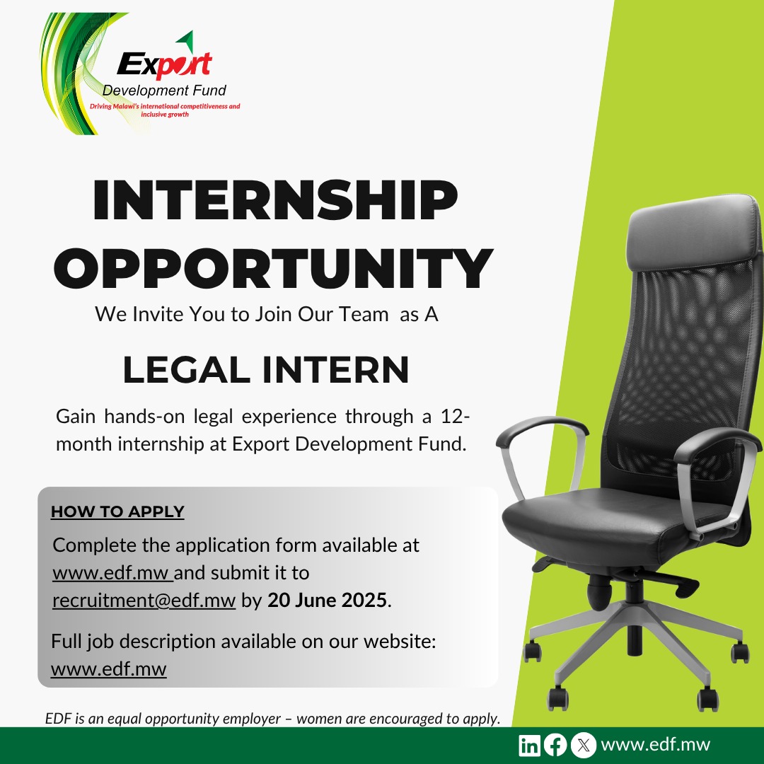 📢 Internship Opportunity – Legal Intern
Join EDF as a Legal Intern for a 12-month internship based in Lilongwe.

For full details, including the job description and application form, visit edf.mw/index.php/edf-…
Submit your application to 📧 recruitment@edf.mw by 20th June 2025