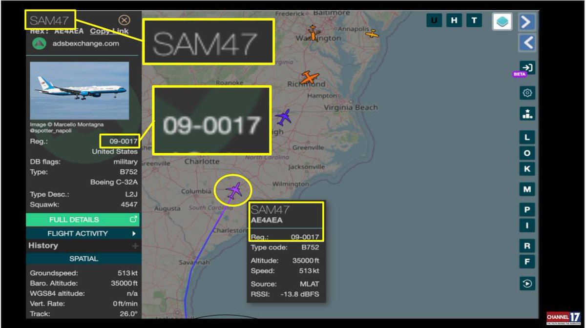 ✈️ The Boeing C32A Flying Trump to DC is flying under Call sign SAM 47 

AND OF COURSE THE REG # NOT ONLY ENDS IN '17' BUT...

9+0+0+1+7 = 17 

17 = Q

_🇺🇸❤️