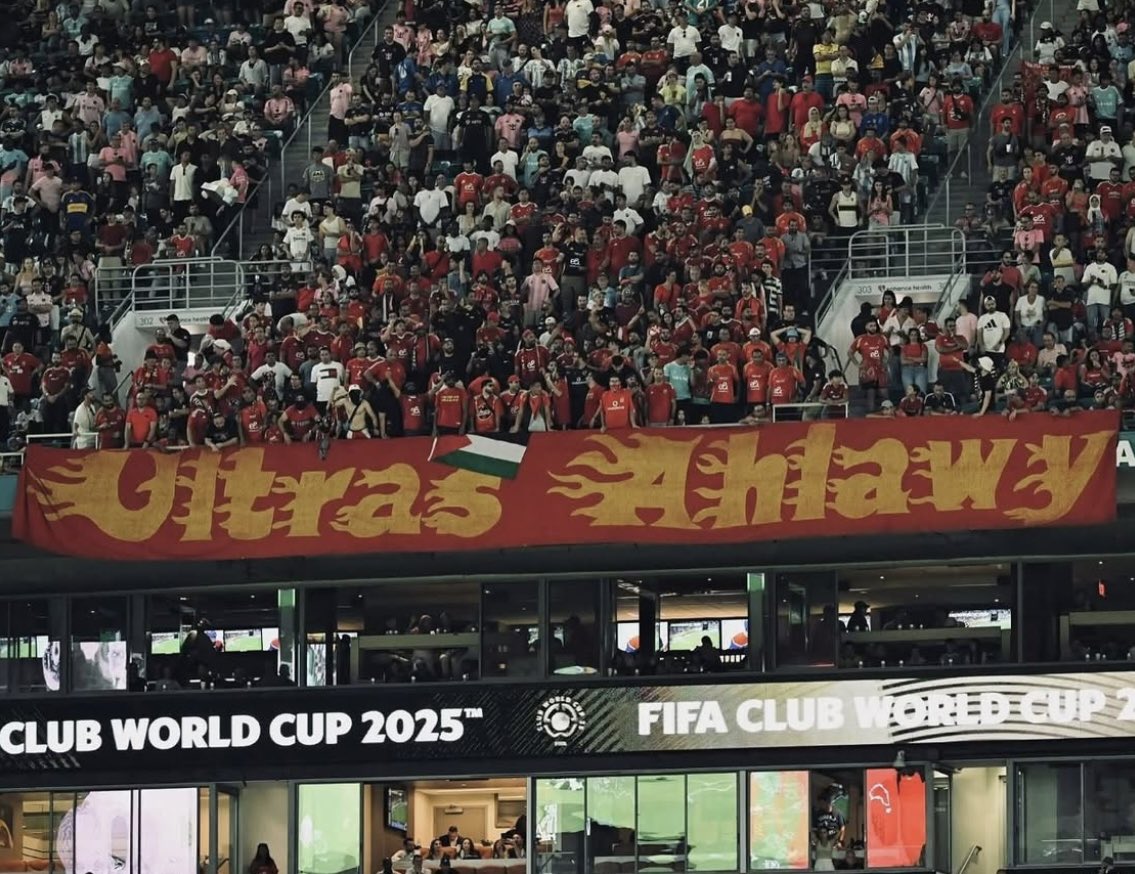 Egyptian club Al Ahly ultra fans at FIFA Club World Cup.
 
These Ultras have been banned at home since 2018, but they made sure to make their voices heard and their support for Palestine present in Miami.