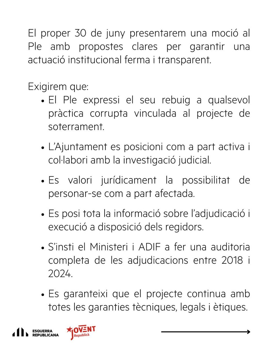 EsquerraStFeliu's tweet image. 📢 Davant la investigació per presumpta corrupció en l’adjudicació del soterrament, Esquerra Sant Feliu actuarà:
👉El 30 de juny presentarem una moció per exigir transparència, responsabilitat i garanties.
🟡 Sant Feliu mereix saber la veritat.
#SantFeliu #Soterrament