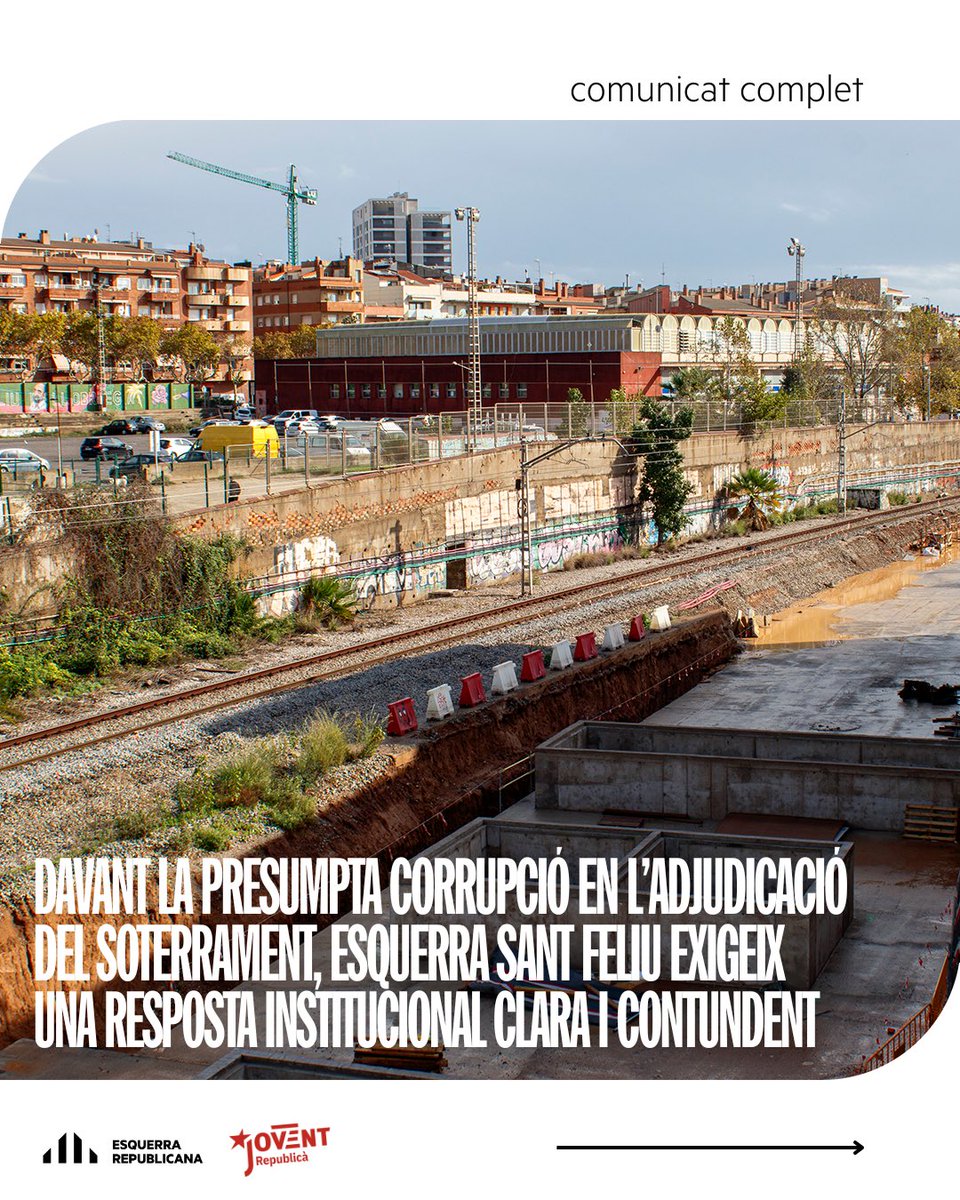 EsquerraStFeliu's tweet image. 📢 Davant la investigació per presumpta corrupció en l’adjudicació del soterrament, Esquerra Sant Feliu actuarà:
👉El 30 de juny presentarem una moció per exigir transparència, responsabilitat i garanties.
🟡 Sant Feliu mereix saber la veritat.
#SantFeliu #Soterrament