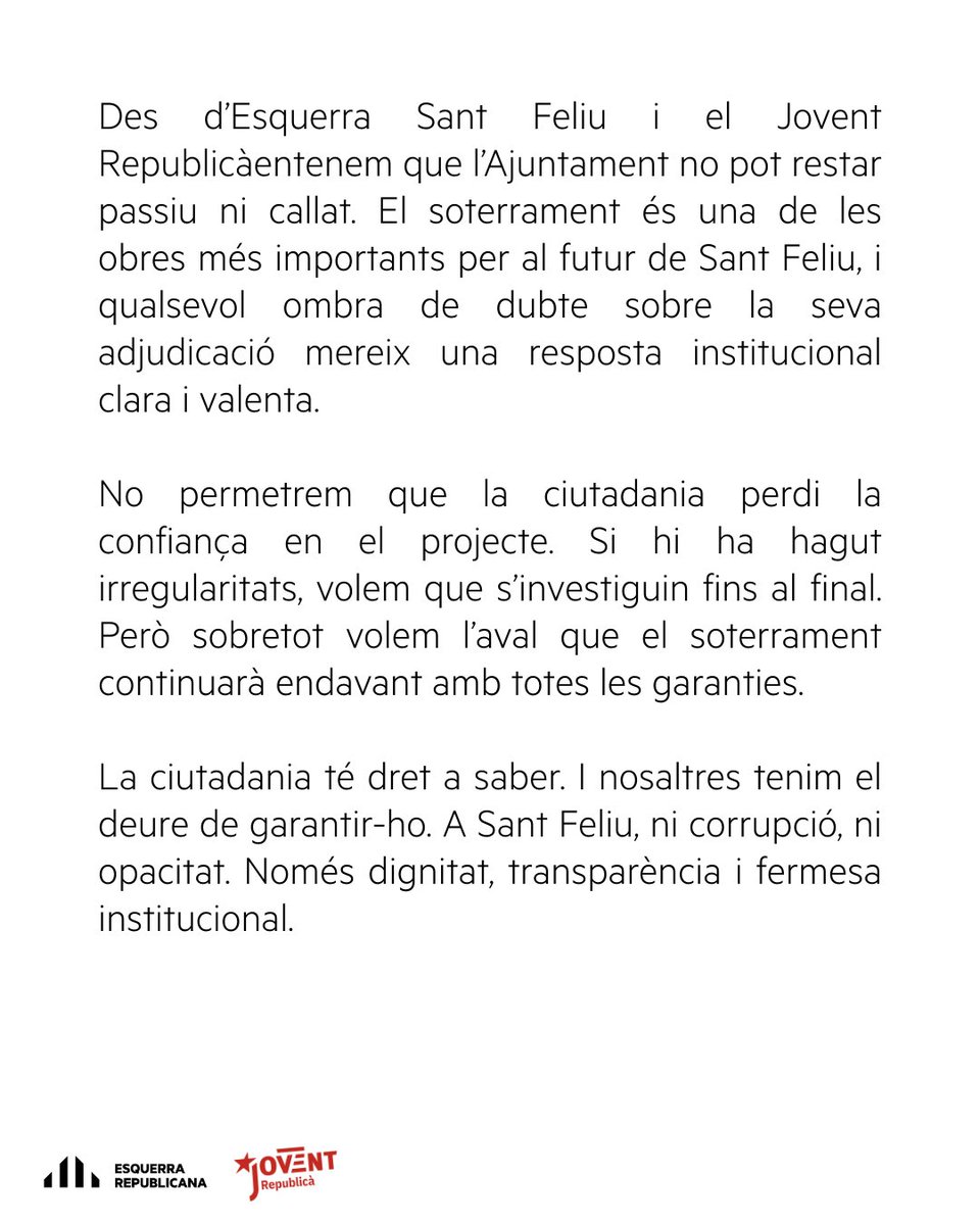 EsquerraStFeliu's tweet image. 📢 Davant la investigació per presumpta corrupció en l’adjudicació del soterrament, Esquerra Sant Feliu actuarà:
👉El 30 de juny presentarem una moció per exigir transparència, responsabilitat i garanties.
🟡 Sant Feliu mereix saber la veritat.
#SantFeliu #Soterrament