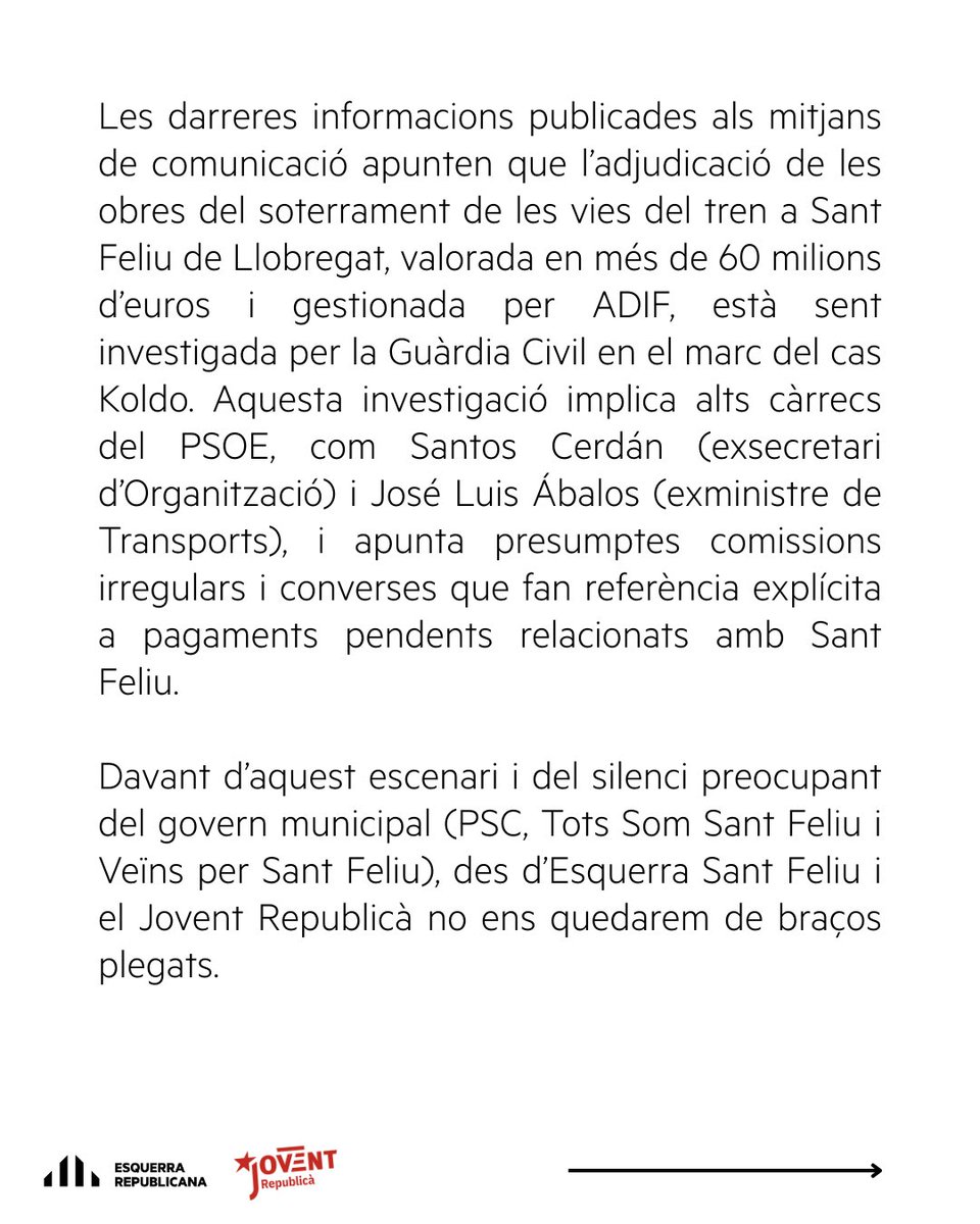 EsquerraStFeliu's tweet image. 📢 Davant la investigació per presumpta corrupció en l’adjudicació del soterrament, Esquerra Sant Feliu actuarà:
👉El 30 de juny presentarem una moció per exigir transparència, responsabilitat i garanties.
🟡 Sant Feliu mereix saber la veritat.
#SantFeliu #Soterrament