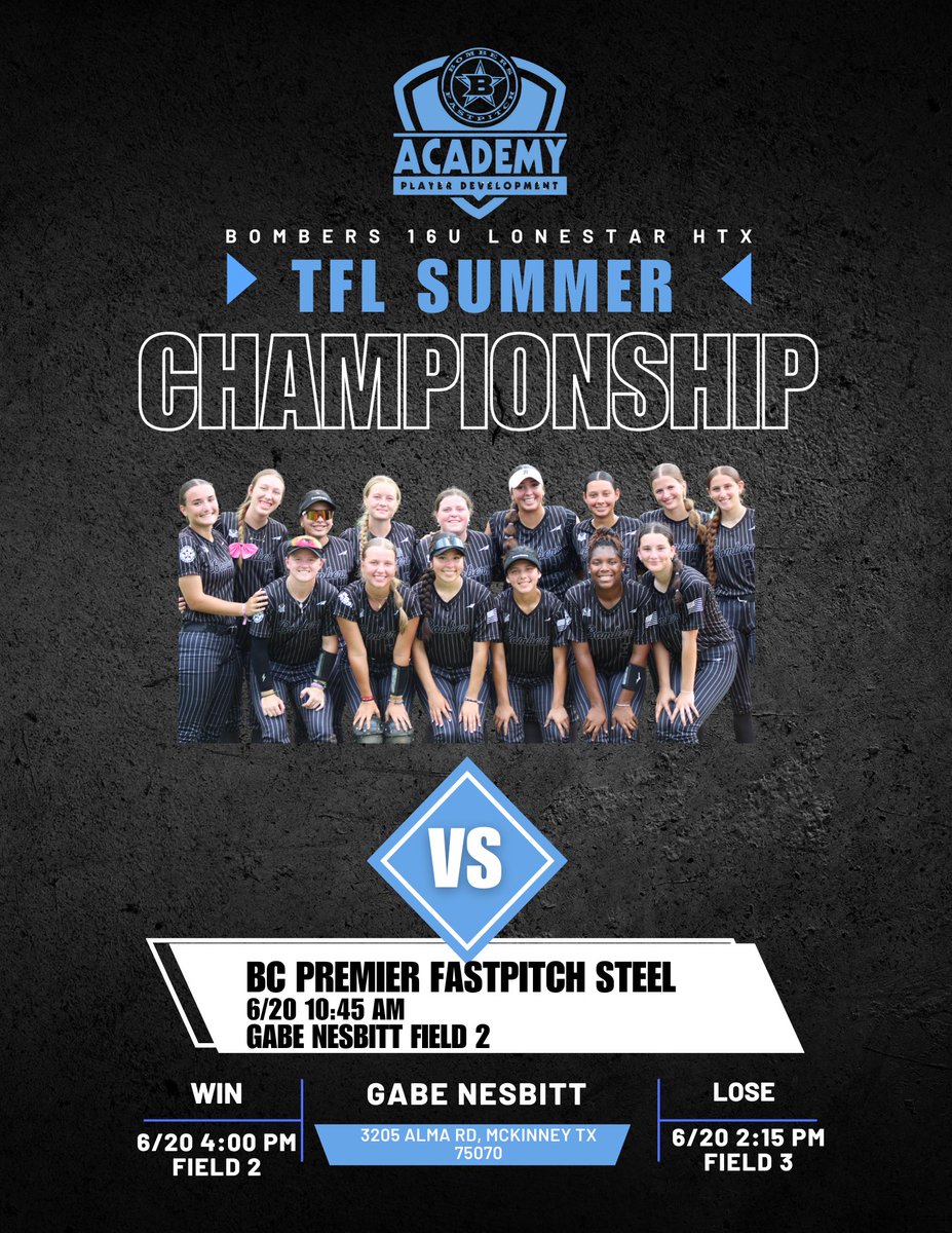 Gearing up for another weekend of competition at TFL Summer Championships!  
<a href="/BombersLonestar/">Bombers 18u LS, 16u HTX/CTX/CC, 14u LS SETX</a> 
<a href="/bombers_fp/">Bombers Fastpitch</a> 
<a href="/bombers_academy/">Bombers Academy</a> 
<a href="/NCAASoftball/">NCAA Softball</a> 
<a href="/NJCAASoftball/">NJCAA Softball</a> 
<a href="/NCAADIII/">NCAA Division III</a> 
<a href="/NCAADII/">NCAA Division II</a>