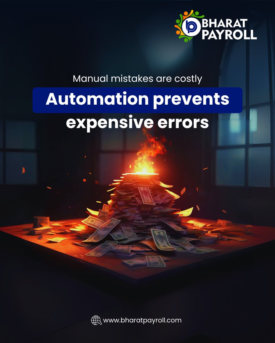 bharatpayroll's tweet image. Manual errors are more than just mistakes; they’re money lost. Switch to smart payroll automation and stop burning your budget. Let Bharat Payroll bring accuracy, efficiency, and peace of mind.

#PayrollAutomation #BusinessEfficiency #NoMoreErrors #SmartBusiness #BharatPayroll