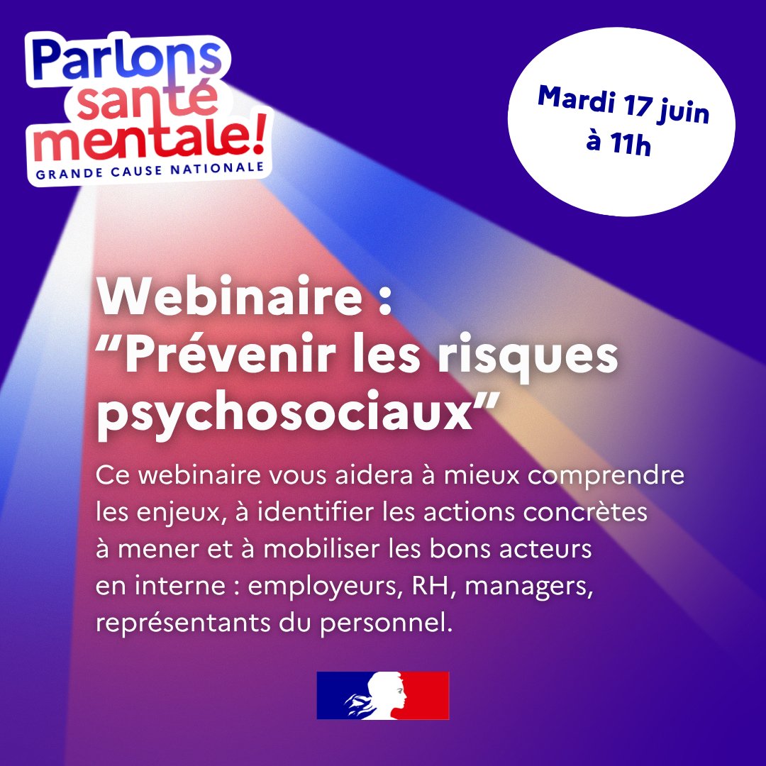 #SantéAuTravail | Participez au webinaire dédié à la prévention des risques psychosociaux et la mise en place d’une démarche de prévention, mardi 17 juin à 11h. 

Organisé par l'Anact, en partenariat avec l’Assurance maladie-risques professionnels, l’INRS France et l’Agefiph.