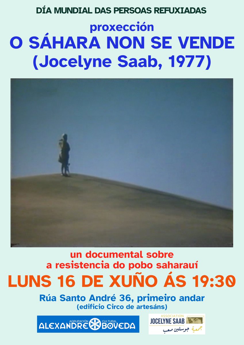 Hoxe no Cineclub Bóveda: “O Sáhara non se vende”
Jocelyne Saab presenta n'O Sáhara non se vende unha análise política e económica do conflito do Sáhara Occidental, tanto en relación coa situación interna dos países afectados como en relación coa situación rexional e internacional