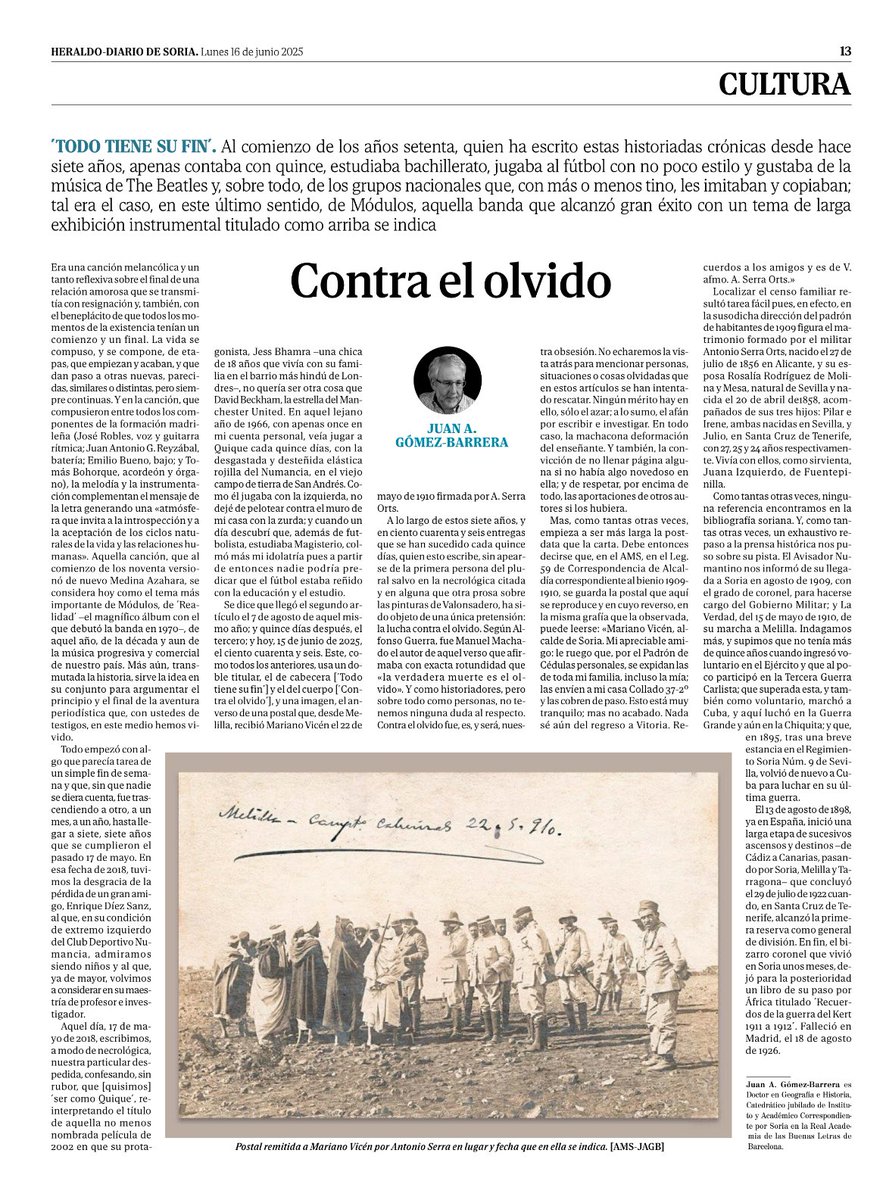 Hoy, tras siete años de colaboración, Juan Antonio Gómez-Barrera se despide de los lectores de <a href="/diariodesoria/">Heraldo Diario de Soria</a>.  Doble titular: “Todo tiene un fin” y “Contra el olvido”.
Gracias por tu incansable labor en la recuperación y difusión de la memoria histórica de Soria.
<a href="/Ayto_Soria/">Ayuntamiento de Soria</a>