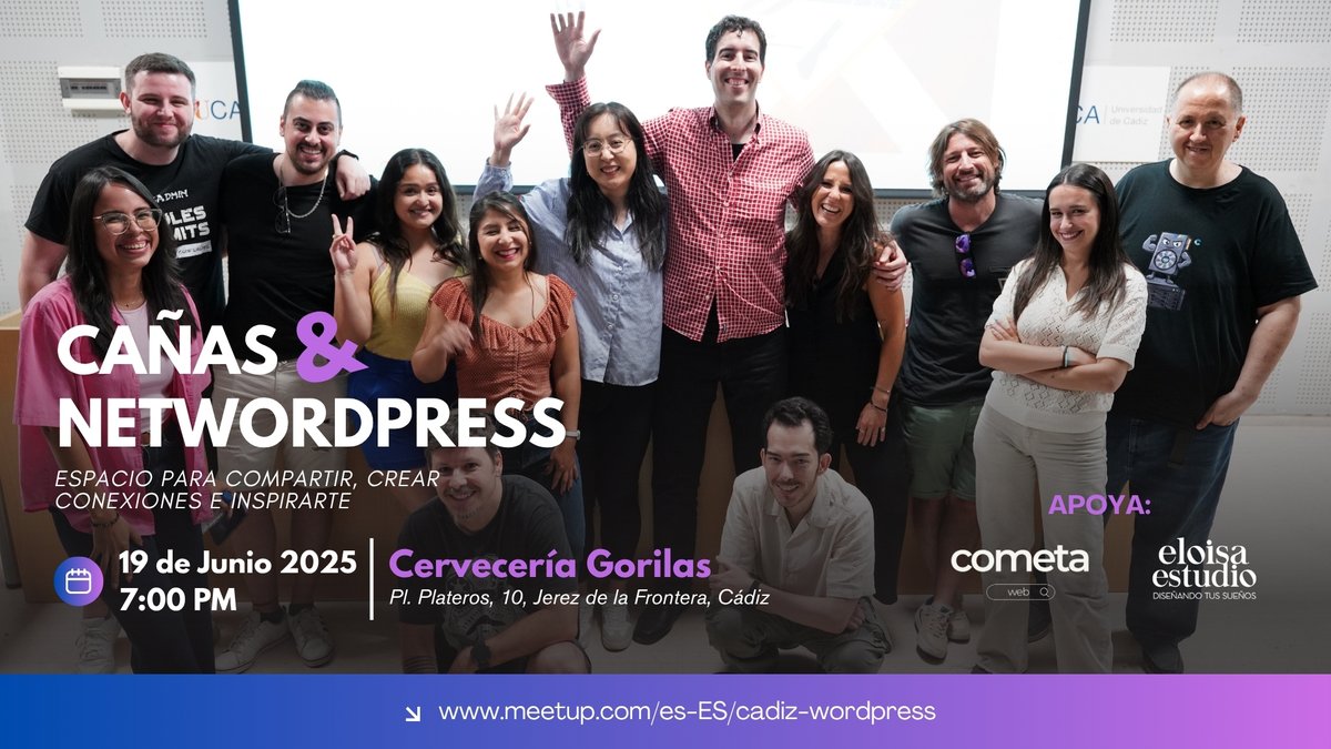 ¡Ay mi WordPress de cada mes! El 19 de junio a las 19h nos vamos pa’ Jerez 🍻

📍 Cervecería Gorilas (Pl. Plateros, 10)
Charlamos de WordPress
Conectamos con gente maja

Gracias a Cometa Web y Eloisa Estudio ❤️

¡Apúntate! bit.ly/wpcadizmeetupj…