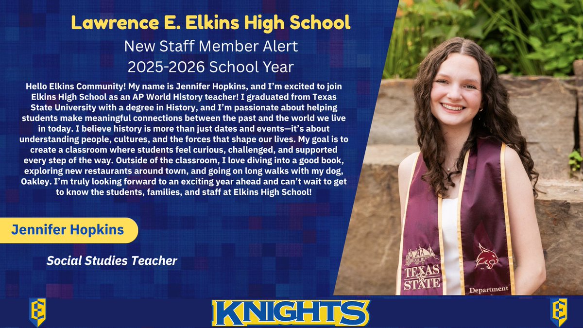 Elkins High School (@ehs_knightswire) on Twitter photo Noble Knights- We are thrilled to welcome Ms. Hopkins to our EHS Family as a new Social Studies Teacher.  ππ°π Noble Knights- We are thrilled to welcome Ms. Hopkins to our EHS Family as a new Social Studies Teacher.  ππ°π