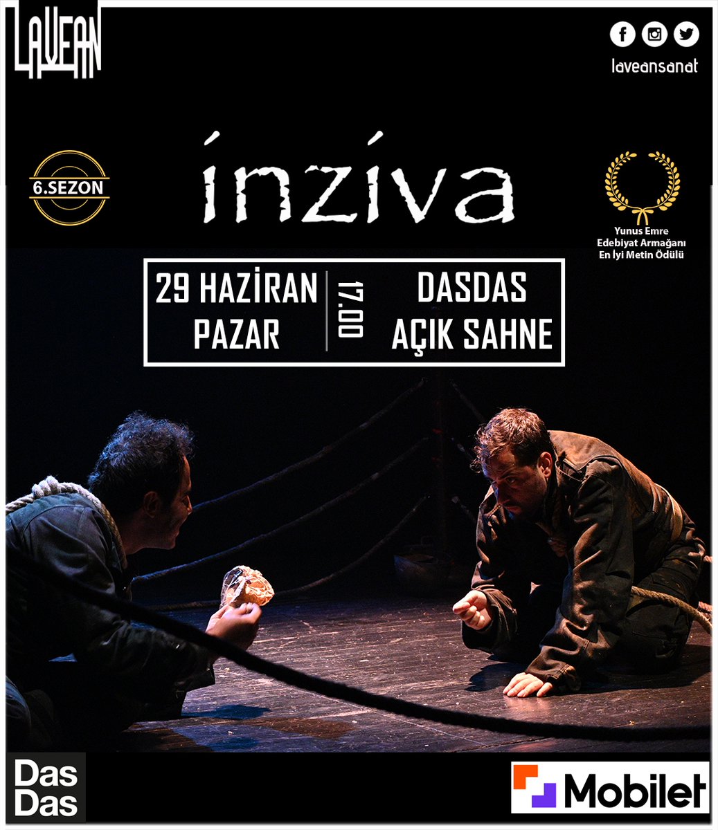 inziva | dasdas #sezonaltı

▪︎ 29 Haziran Pazar - 17.00 - Dasdas Açık Sahne

Biletler: mobilet.com/tr/event/inziv…

"Öğrenciler için sınırlı sayıda askıda bilet mevcuttur."
#BuYazSahnelerimiziKapatmıyoruz

<a href="/TiyatroKoop/">Tiyatro Kooperatifi</a> <a href="/dasdasistanbul/">DasDas Ataşehir</a> <a href="/laveansanat/">Lavean Sanat</a> 
#İnzivaOyun #inzivaDasdas