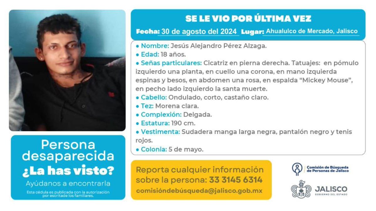 Joven desaparecido en Ahualulco de Mercado, #Jalisco.