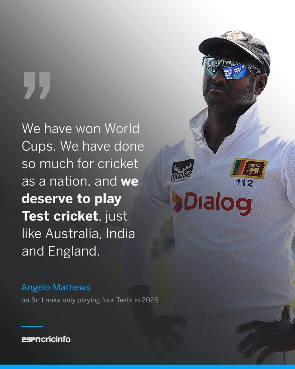ESPNcricinfo's tweet image. Sri Lanka will be playing four Tests in 2025 - their lowest in a calendar year since 2013, not counting a Covid-curtailed 2020 

In the upcoming WTC cycle, Australia are slated for 22 Tests, England 21, and 18 for India

Angelo calls for more Tests for Sri Lanka:…