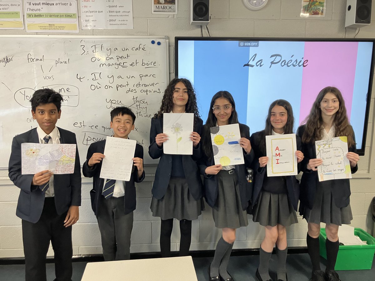 UrmstonGrammar's tweet image. Huge congratulations to the winners of 7T&apos;s French poetry competition: Aiden, Dana, Hasti, Ella, Hümeya, who with their class studied some simple forms of poetry &amp;amp; then produced their own in French. Bravo à toutes et à tous 🎉#Year7# #FrenchLanguageLearning #PoetryInFrench