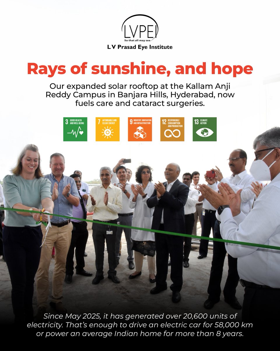 lvprasadeye's tweet photo. Rays of sunshine & hope!
With support from Maanaveeya Development & Finance Pvt. Ltd. (@Oikocredit), LVPEI’s expanded solar rooftop at Banjara Hills has generated 20,600+ units—powering #CataractSurgeries & saving energy.
Advancing SDGs 3, 7, 9, 12 & 13
#LVPEI #SolarEnergy https://t.co/DUPZHmXWJt