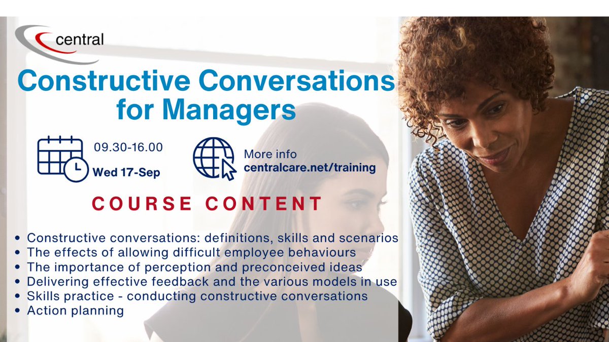 CentralCare's tweet image. Central Training's Constructive Conversations for Managers course is designed to equip managers and team leaders with the core competencies necessary to deliver effective feedback to employees. Book your space today!
 #VirtualTraining #opencourse #Managers
centralcare.net/training/open-…