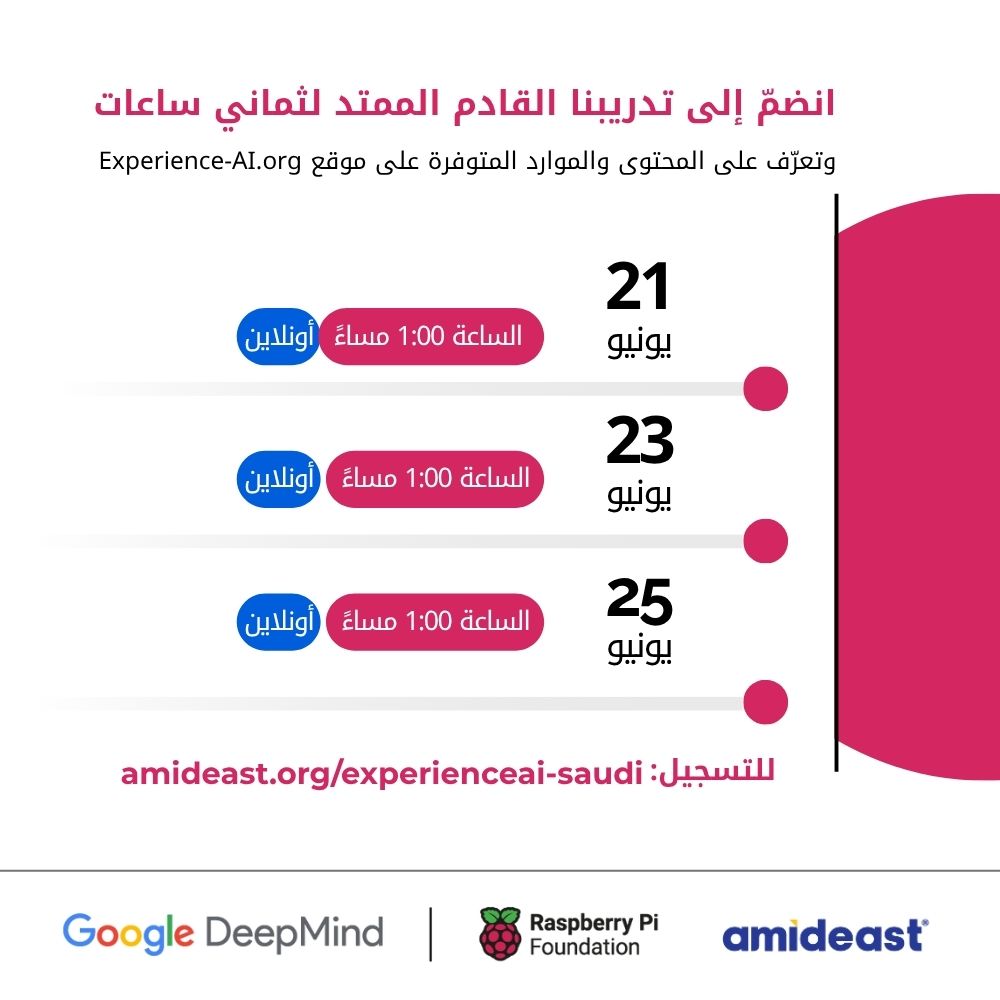 للمعلمين والمعلمات، اكتشف كيف تعلّم طلابك أساسيات الذكاء الاصطناعي بخطوات بسيطة وأدوات معتمدة من Google DeepMind وRaspberry Pi.

🎓 تدريب مجاني بشهادة ومواد جاهزة بالعربية!
⏰ التواريخ: ٢١ - ٢٣ - ٢٥ يونيو الساعة ١ ظهراً.
📌 احجز مقعدك الآن: amideast.org/ar/saudi-arabi…