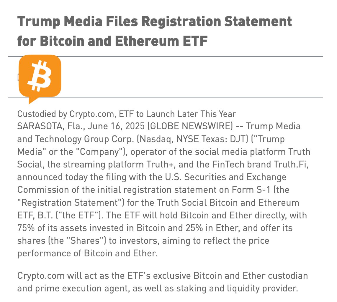 JUST IN: 🇺🇸 Trump Media Group has filed for a #Bitcoin and Ethereum ETF,  aiming for a launch later this year.