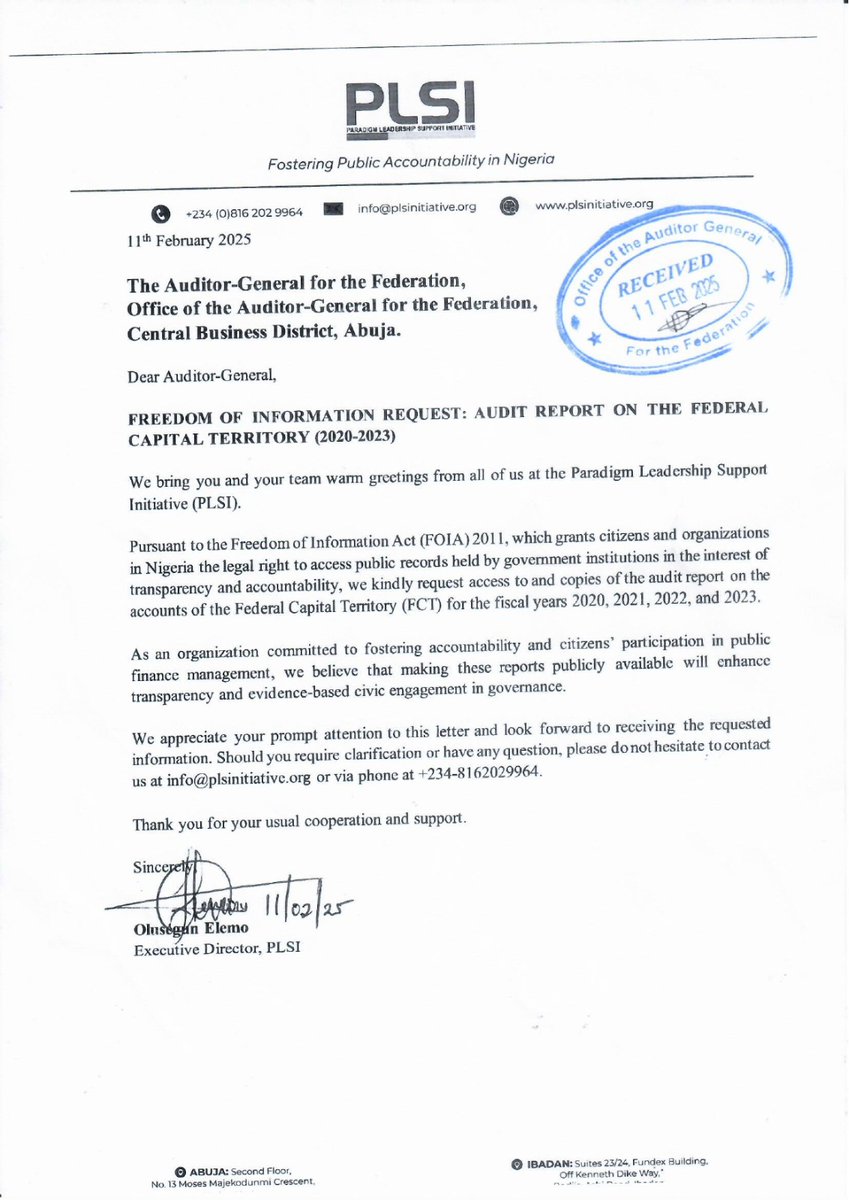 📢 Has anyone seen the #AuditReport for the Federal Capital Territory (<a href="/OfficialFCTA/">Official FCTA</a>)?  We are looking for it!

Over 4 months ago, PLSI submitted an #FOI request to @oaugf, seeking access to the audit report for the #FCTA covering 2020–2023.

Till now? No response. No report.