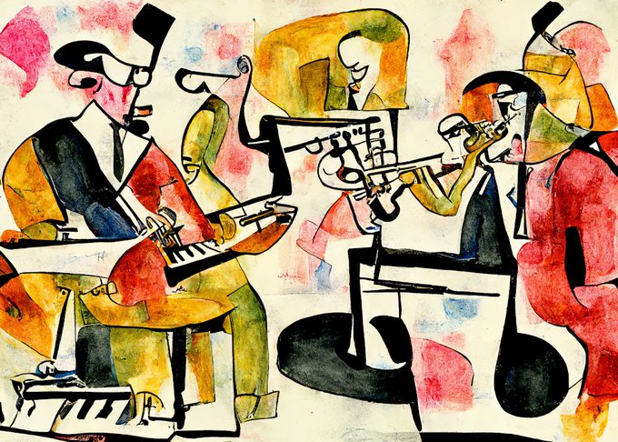 Colorful abstract illustration of jazz musicians playing instruments including piano, trumpet, and other brass instruments, rendered in a stylized cubist style with vibrant watercolor washes.