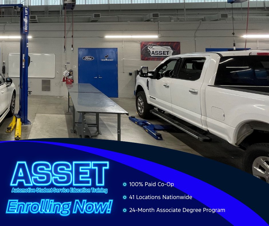 In 24 months you can have the career of your dreams 🔧✨

Enrolling into the #FordASSET program means learning through a paid co-op, earning up to 100% of Ford Service Certifications, and obtaining an Associate Degree!🔧 #GetYourASSET

ENROLL ➡️ fordtech.org/ASSET today!