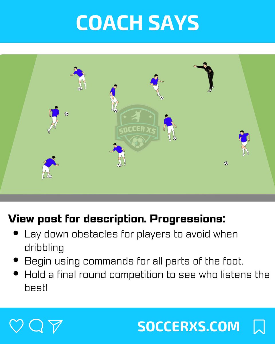 Soccer_XS's tweet photo. Drill of the week:
Coach says!

🚧 Obstacle courses to challenge your control

👣 Footwork commands to sharpen technique (Sole = Roll, Outside = Turn)

Not just about fast feet — it’s about smart touches. 

#SoccerXS #TrainXS #PlayerDevelopment https://t.co/tLcoijg8KB