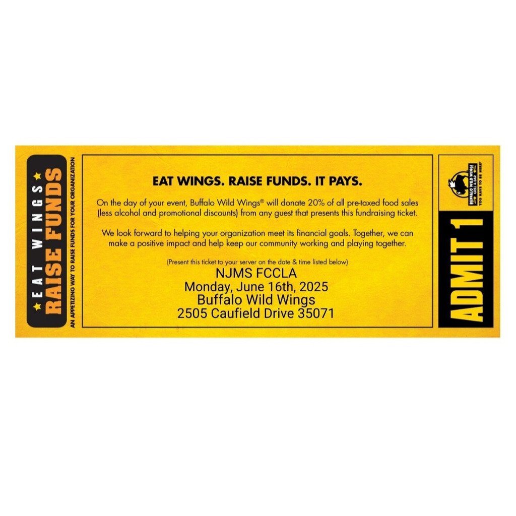Help the FCCLA girls get to Nationals this summer. Spirit Day at Buffalo Wild Wings in Gardendale. The girls will have tickets available at the door after five. Swipe to see the ticket to show to your server.