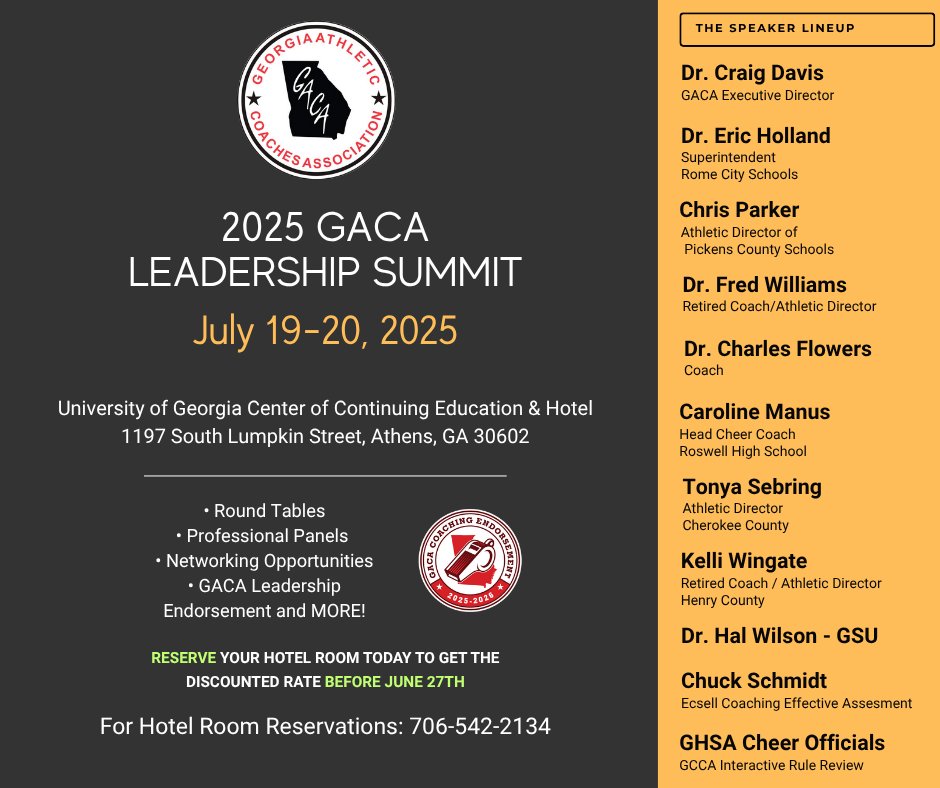 Elevate your coaching career at the 2025 GACA Leadership Summit, July 19-20 in Athens, GA! 

Join us for the GACA Coaching Endorsement, focusing on Leadership, Communication, Management, HR, and Professionalism. FREE for GACA  members! Sign up today bit.ly/GACALeadership…