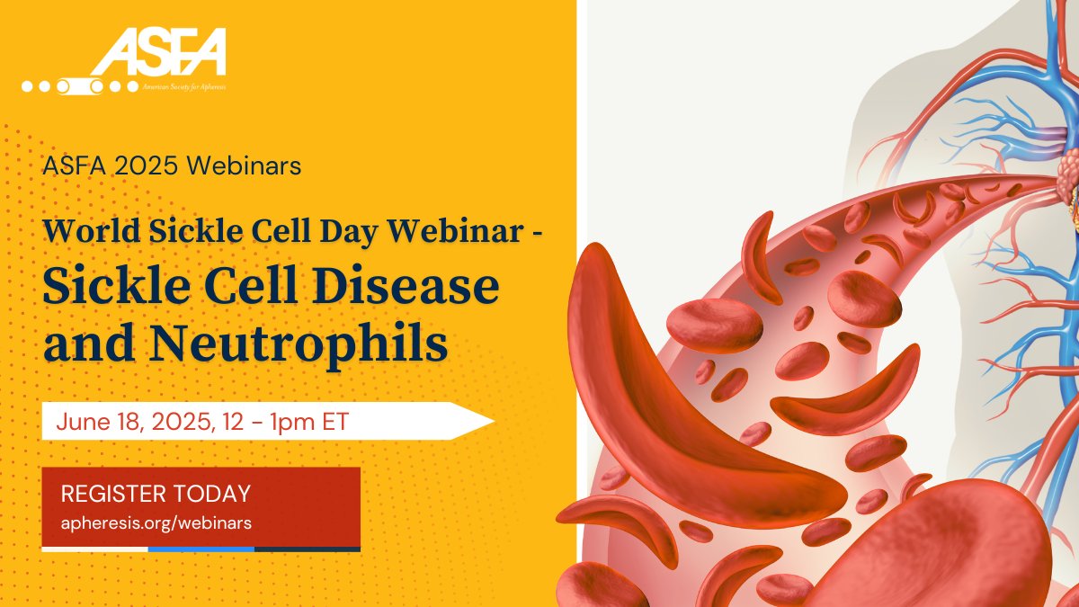 🩸Join us for our World Sickle Cell Day webinar with Dr. Grace Lee on the topic of Sickle Cell Disease and Neutrophils.

📅 THIS Wednesday, June 18
⏰ 12–1 PM ET

🔗 Register now: ow.ly/afOk50W1WfI

#ASFAwebinar #SickleCellDisease #WorldSickleCellDay #ApheresisMedicine