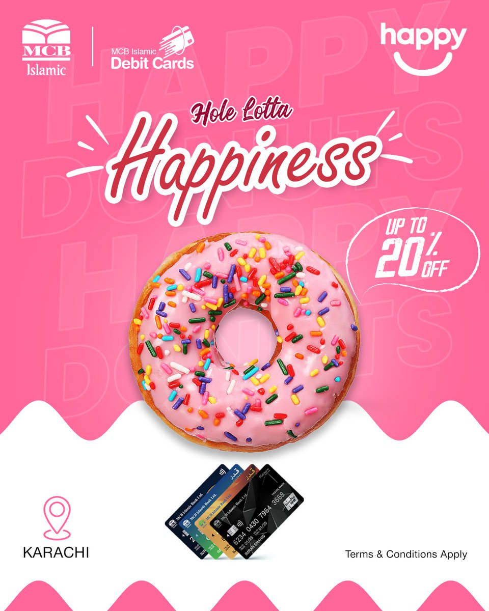 Sprinkled with joy and glazed with love - every bite from Happy is a hole lotta happiness! Come grab your daily dose of sweet smiles.

✤ Flat 20% Off | Platinum Debit Card | Max Cap: Rs. 2,000
✤ Flat 10% Off | Classic, Gold &amp; PayPak Debit Cards | Max Cap: Rs. 2,000